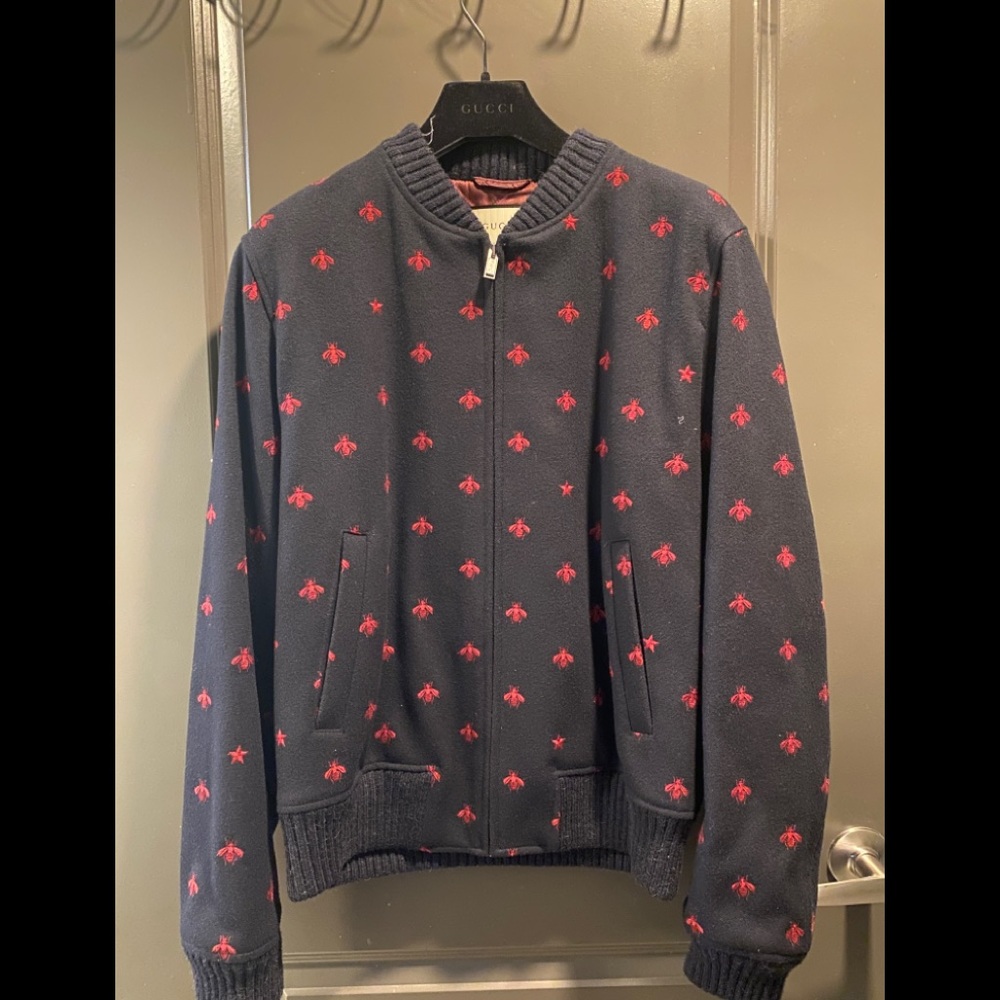 Gucci Men's Blue Wool Bomber Jacket With Bees And Stars Large Size 50